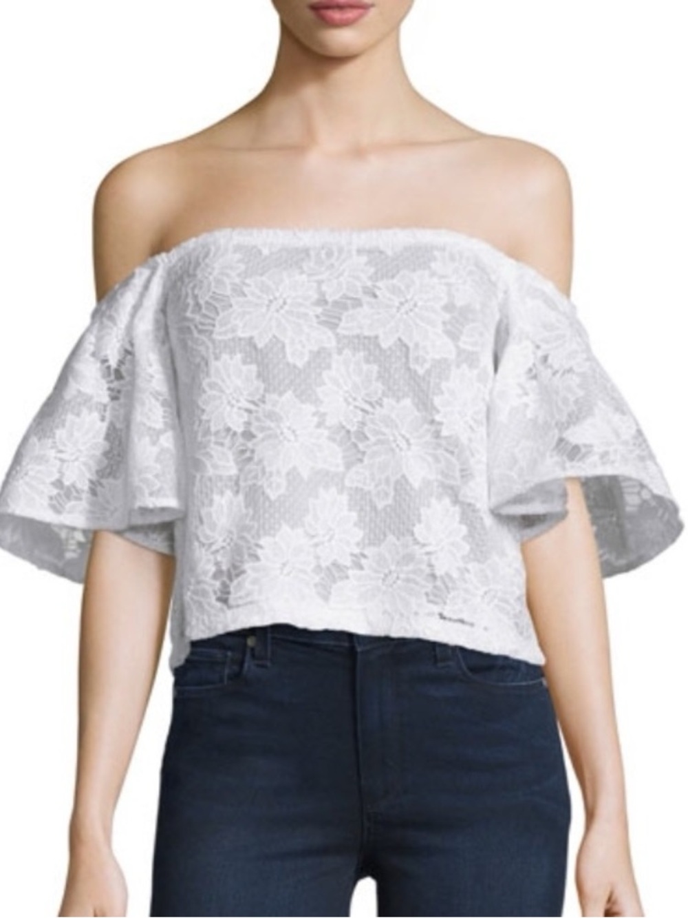 NICHOLAS White Floral Lace Off Shoulder Crop Top AUS 6 US 2
